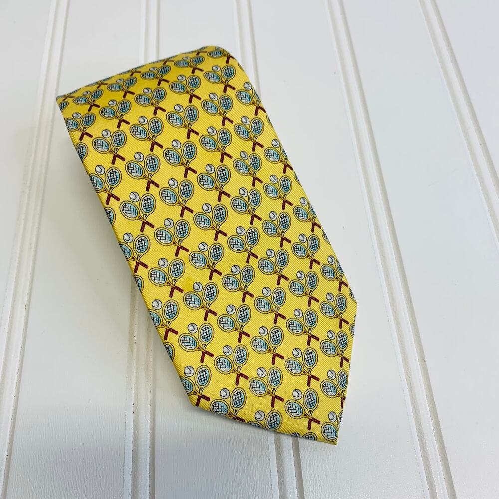 J Crew Yellow Silk Neck Tie Tennis Rackets 3" Wide